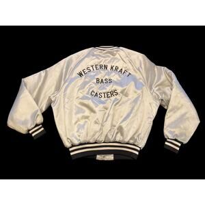 Vintage Men's Varsity Jacket White Satin W/ Western Kraft Bass Size LARGE Stripe